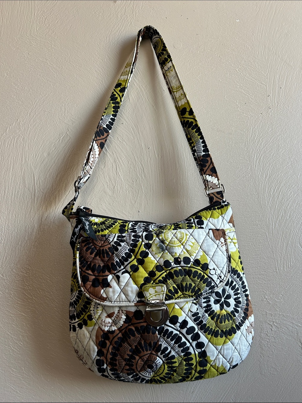Vera Bradley Hipster Retired Cocoa Moss Pattern Quilted Cotton Crossbody Bag.